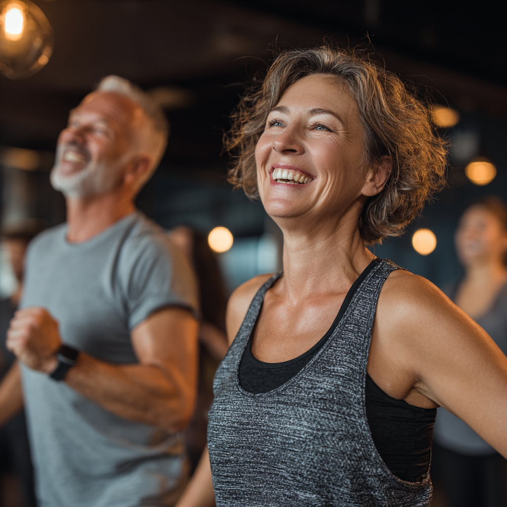 Group of smiling Ukrainian adults of various ages performing gravity-resistance exercises in a modern fitness studio