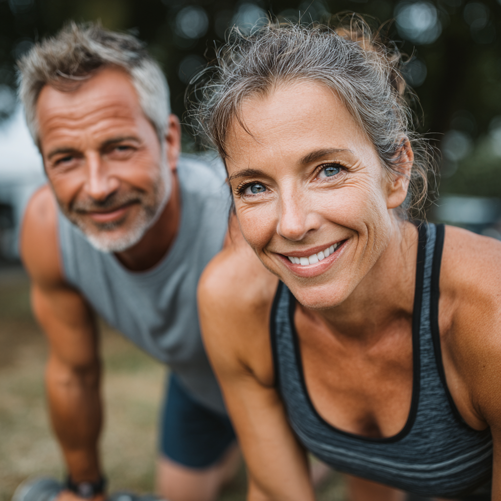 Elderly Ukrainian man in athletic wear demonstrating balance and stability exercises with peaceful concentration